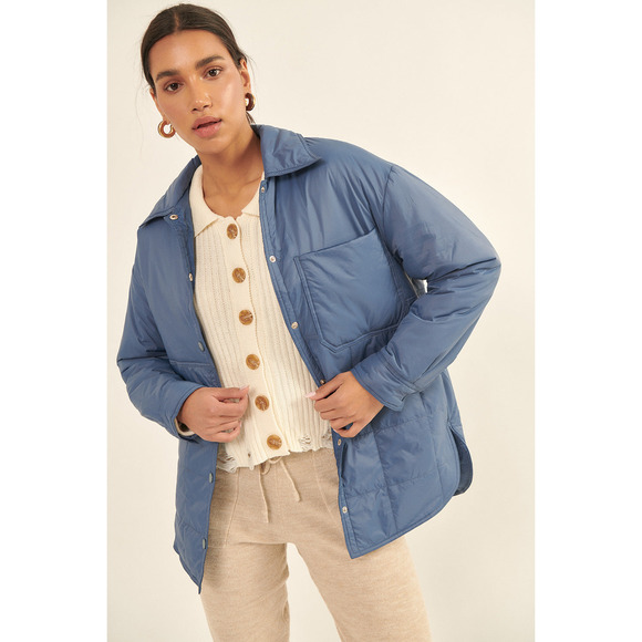 57 - Blue Solid Woven Quilted Dolphin Hem Jacket - Picture 1 of 4